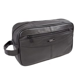 Genuine Leather Mens Wash Bag Toiletry Travel Wash Bag Shaving Bag Bathroom Gym Makeup Organizer Gift for Men & Women, One Zipper Black