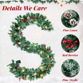 BlessedSeason 9FT Christmas Garland with Lights, Artificial Lighted Garland Indoor for Stairs, Fireplace, 50 Lights Green Garland, Cones & Red Berries & Pine Needle