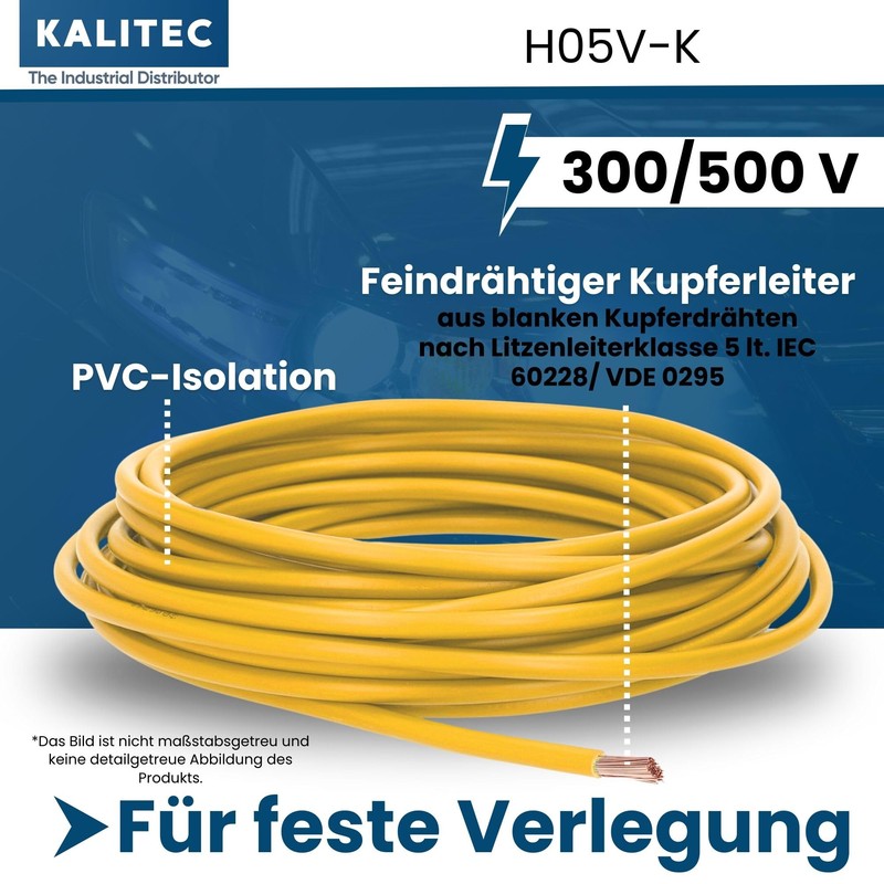 Kalitec 10 Metres H05V-K 1 mm² Yellow Wiring Cable I