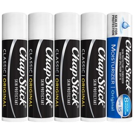 ChapStick Original Lip Balm 4-Pack + 1 Chapstick Moisturizer 2-in-1 Lipcare with SPF 15, 0.15 Oz Ea (5 Piece Set)