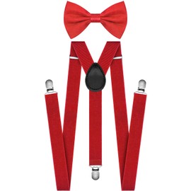 QCWQMYL Suspender Bowtie, 2-piece Set, Men's, Women's, Kids, 1.0 inches (2.5 cm), Y-Shape, Casual, Simple, Easy to Adjust, Unisex, Wedding Gift, F Red