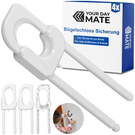 Shackle Lock Child Lock 4 Pieces in White for Many Handle Shapes and Knobs, Cupboard Door Baby Lock without Gluing, Drilling, Screws, Cabinet Lock for Kitchen, Living Room, Bathroom, Door Handle