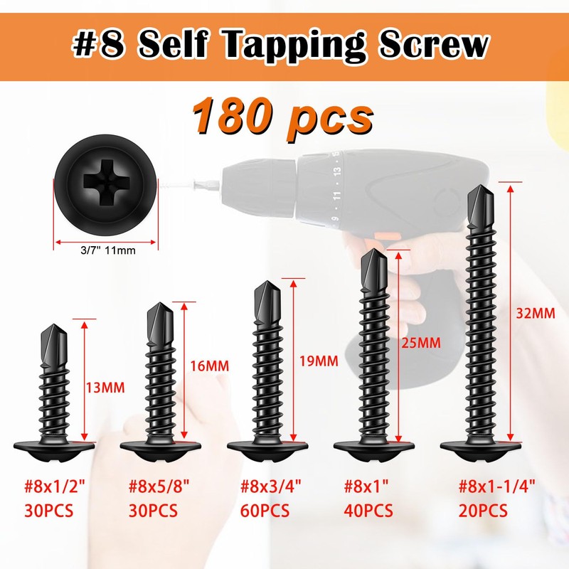 weideer 180pcs #8 Self Tapping Screws for Metal, Sheet Metal
