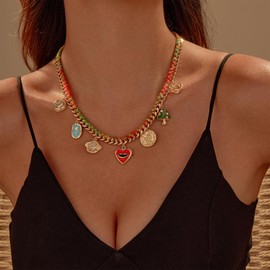 SHANTYSON Colorful Charms Pendant Necklace for Women Multicolour Rope Gold Cuban Link Chain Statement Necklace