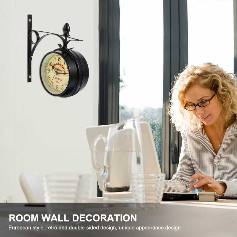 EXCEART Double Sided Wrought Iron Wall Clock - Wall Hanging