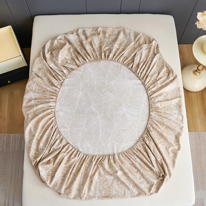 Jemiipee Double Fitted Sheet Beige Tropical Leaves Pattern, 30 cm