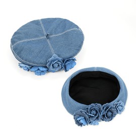 Gllutt Denim Beret Hat for Women Summer Thin Artist French Beret Hat Size Adjustable (Denim Flowers-Denim Blue)