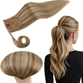 RUNATURE Real Hair Ponytail Extension, Brown Highlight Blonde, 30 cm, Short Human Hair, 70 g, Real Hair Braid, Blonde with Golden Blonde, Ponytail Extensions, Real Hair, #10P16