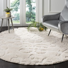 Safavieh Florida Shag Collection SG470-1111 Scroll Textured 1.18-inch Thick Area Rug, 6' 7" Round, Cream/Cream