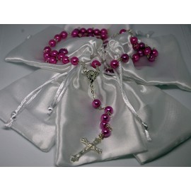 First Holy Communion Dark Pink Rosary Beads 1st Communion Confirmation Girls/Boys Gift Excellent Quality Five Decade Rosary & Silver Crucifix Pearl Effect Beads with Free White Satin Drawstring Pouch