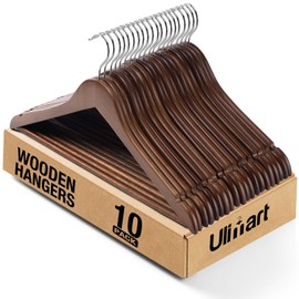 Wooden Hangers 10 Pack: Solid Shirt Hangers with Pants Bar, Heavy Duty & Slim Coat Hanger, for Suit Coat Jacket Pants (Walnut)