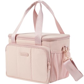 NISHEL Lunch Bag for Women, Insulated Leakproof Cooler Case with Detachable Shoulder Strap & Multiple Pocket, Easy-Clean PEVA Lining, Puffy Design for Work，Medium Size, Pink