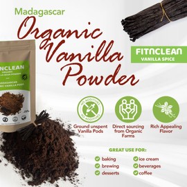 Fitnclean Vanilla Bean Powder Madagascar de 2 onzas de polvo de vainas gourmet enteras para todo el suelo de fitnclean vainilla, puro, sin azúcar, sin aditivos, sin OMG