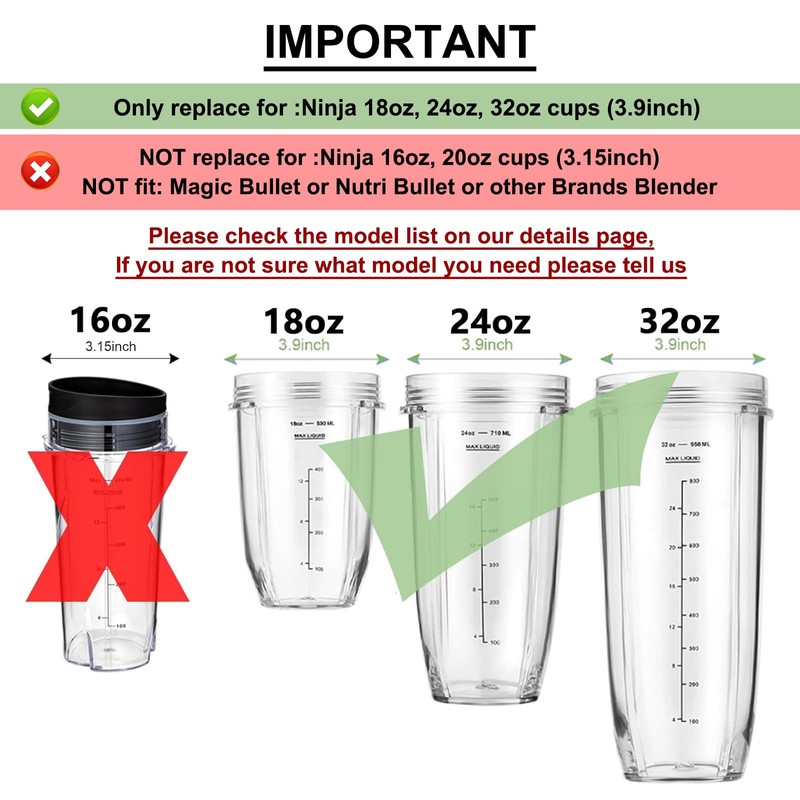 Replacement 24oz Blender Cups with Lid for Ninja, 7 Fins