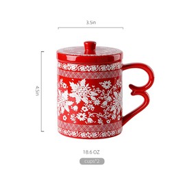 Porlien Snowflake Porcelain Red Mugs Set of 2, Ceramic Cups with Lids, Gifts for Mothers'Day