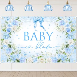 Mocsicka Baby in Bloom Backdrop Blue Floral Baby Shower Banner Background Boy Baby Shower Party Decorations Photo Booth Props (Blue, 6x3.6ft)