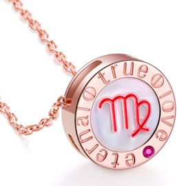 LEONIDS 14K Rose Gold Zodiac Necklaces for Women with Ruby & Shell Pendant - Engraved Love Eternal True & 925 Sterling Silver Constellation Pendant Jewelry Gift for Her (Virgo)