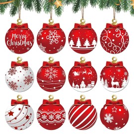 12 Pieces Christmas Wooden Baubles Ornaments Christmas Hanging Ornaments with Ropes Wood Slices Crafts Red Ball Christmas Decorations Pendants Winter Holiday Party Supplies for Home Windows Fireplace