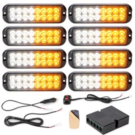 V-SEK Amber White LED Strobe Lights Kit - 8PCS 16-LED Emergency Flashing Hazard Warning Light 12V Sync Feature Ultra Slim Surface Mount Main Control for Construction Trucks Vehicles Car ATV Waterproof
