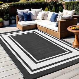 RURALITY Outdoor Rugs 8x10 Waterproof for Patios Clearance,Plastic Straw Mats for Backyard,Porch,Deck,Balcony,Reversible,Black and White