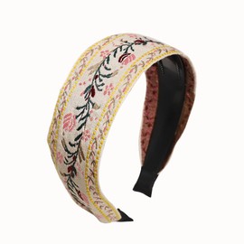 XXFBJNMD Multi Pattern Flower Embroidery Headbands Boho Handmade Embroidery Wide Vintage Ethnic Style Hairbands for Women Outdoor Hair Accessories(White)