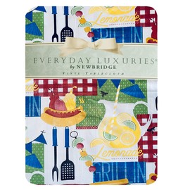 Newbridge Whimsical Backyard BBQ Vinyl Flannel Backed Tablecloth, Fun Barbeque and Grill Theme Design Waterproof Patio, BBQ, Picnic, Indoor Outdoor Tablecloth, 60 Inch x 84 Inch Oval