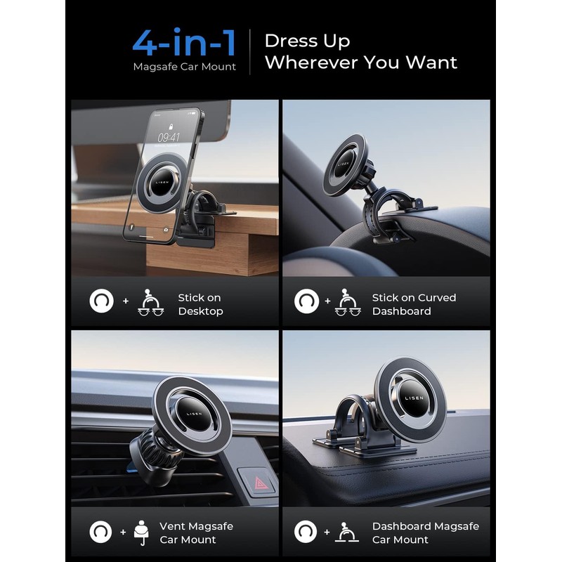 LISEN MagSafe Car Mount - Strong Magnetic Phone Holder for