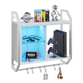 Bestier LED Gaming Floating Shelves for Wall, 25" Wall Mounted Shelf Pipe Adjustable Glass Shelves, White Hanging Display Rack with 6 S-Hooks Towel Bar, Gaming Bedroom Decor Shelf