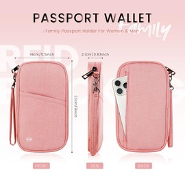 GAUENEEN Passport Holder Family, Travel Document Organizer with RFID, Portable Passport Cover Case with Zipper for Cards, Boarding Pass, ID, Money, Tickets (Pink)
