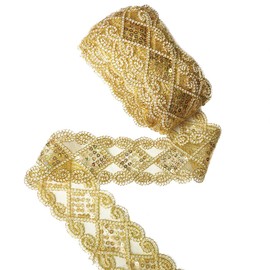 Gnognauq Gold Lace Trim Sequinned Ribbon Vintage Decorative Wedding/Bridal DIY Craft Sewing (10 Yards) (Gold)