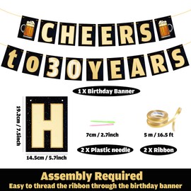 Sumerk 17 Pcs Happy 30th Birthday Banner - Black and Gold - 5.7" x 7.6" - Unisex - Birthday Occasion