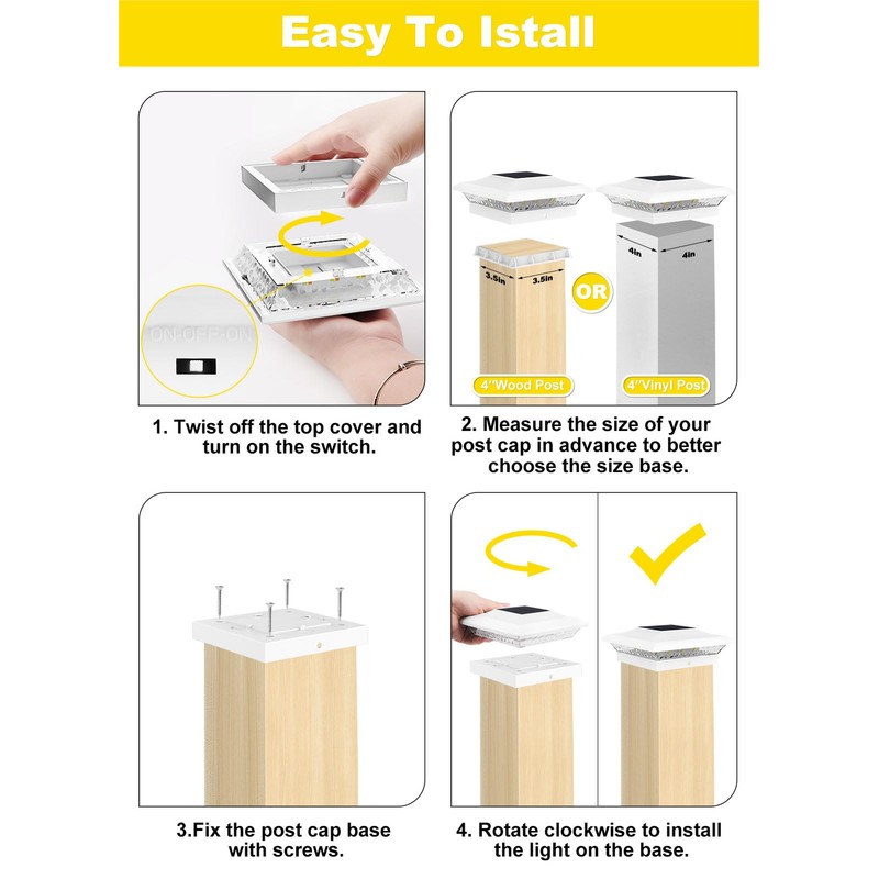 T-SUN 4x4 Post Cap Lights 6 Pack for Vinyl/Wooden Fence,Outdoor