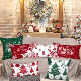 Lanpn White and Red 12x20 Christmas Lumber Pillow Covers Set of 4, Decorative Rectangle Long 12 x 20 Winter Snowflake Throw Pillow Case Xmas Cushion Cover for Indoor House Sofa Red