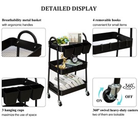 danpinera 3-Tier Rolling Cart, Utility Cart Mobile Metal Rolling Storage Cart with Lockable Wheels & Hanging Cups & Hooks for Kitchen, Bathroom, Office, Workshop, Black