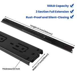 LONTAN 6 Pairs Full Extension Ball Bearing Drawer Slides 12 Inch Side Mount Cabinet Rails Tool Box Trash Can Glides Black Heavy Duty Kitchen Drawer Runners 100LB Capacity