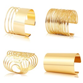Wodasi 4 Piece Bracelet Women's Cuff Bangle Set Wide Adjustable Upper Bangle Women's Gold Bracelet Upper Arm Jewellery, Cuff Bangle Set for Women Open Wide Wire Bracelets, Iron