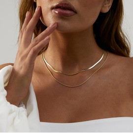 Tasiso 14K Gold Plated Herringbone Choker Necklace Set Double Layer Snake Chain Choker Necklaces for Women 3MM 38CM/1.5MM 42CM