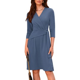 GRACE KARIN Women's Midi Dress Wrap Dress V-Neck 3/4 Sleeve A-line Dress Zip Back Dress, Gau Blue