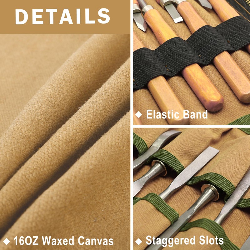16OZ Waxed Canvas Tool Roll Bag, Heavy Duty Tool Storage