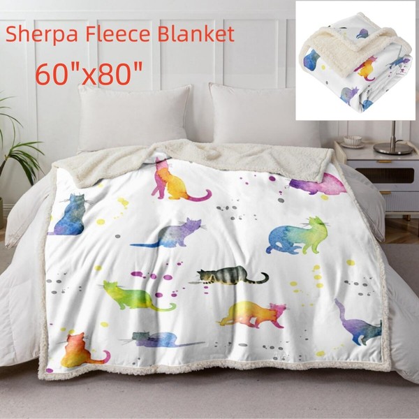 60"x80"Soft Sherpa Fleece Throw Blanket Watercolor Cat Warm Blanket For