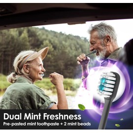 Pinkart 12-Pack Disposable Toothbrushes with Toothpaste - Mini Travel Toothbrushes, Built-in Tongue Scraper, Floss & Picks, Individually Wrapped for On-The-Go, Camping, Work - Mint Flavor (Black)