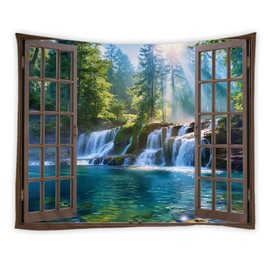 HYKHYK Forest Waterfall Tapestry Nature Jungle Green Tree Lake Window View Rainforest Spring Sunshion Wall Hanging Art Decor for Bedroom,Living Room,Dorm