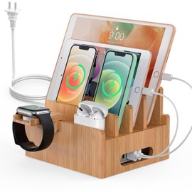 Pezin & Hulin Bamboo Charging Station for Multiple Devices with 5 Port USB Charger, 5 Cables, Smart Watch & Earbuds Stand, Desk Docking Stations Electronic Organizer for Cell Phone, Tablet