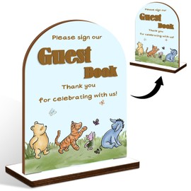 Classic Winnie Please Sign Our Guest Book Sign, the Pooh 3D Guestbook Sign for Baby Wedding Shower, Blue Wooden Wedding Guest Book Sign with Stand, Wood Wedding Sign for Ceremony or Reception