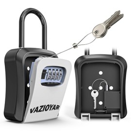 Vazioyar Key Lock Box for Outside, Portable Waterproof Wall Mounted Resettable 4-Digit Combination Key Storage Lockbox, 5 Keys Capacity Key (with Retractable Key Tether+with Shackles)