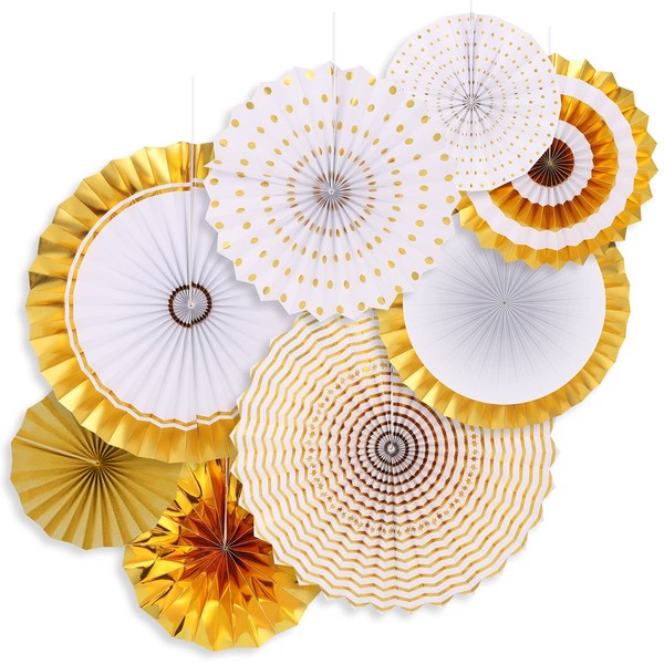 Fuyamp 8 Pcs Paper Fans Hanging Decorations Multicolor Hanging Paper Fans for Party, Birthday Party, Festival, Wedding, Showcase(White+Gold)