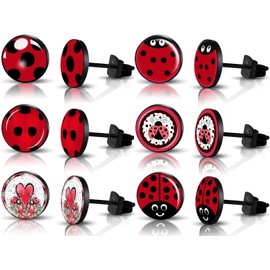 SIISPRI 6Pairs Ladybug Women Earrings Set Cute Bug Little Ladybird Earrings Round Circle Button Stud Post Earrings 10MM (Black)