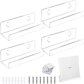 Yotlein Pack of 4 Vinyl Record Wall Mounts, Vinyl Record Holder Wall Transparent CD Wall Mount Acrylic Shelf for Book Photo Picture Collectibles (Transparent)