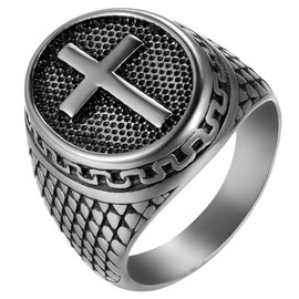 JewelryWe Vintage Cross Rings Stainless Steel Christian Cross Religious Rings for Men,Silver(US Size 9)
