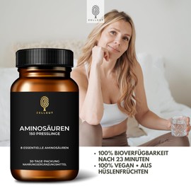 Amino acids, complete amino acid profile, contains all 8 essential amino acids, 100% bioavailability after 23 minutes, 100% vegan, derived from legumes, 150 pellets